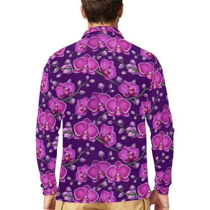 Orchid Purple Pattern Print Design OR02 Long Sleeve Polo Shirt For Men's