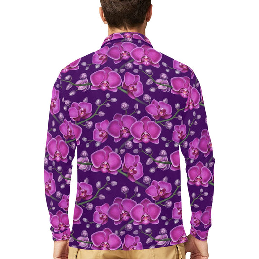 Orchid Purple Pattern Print Design OR02 Long Sleeve Polo Shirt For Men's