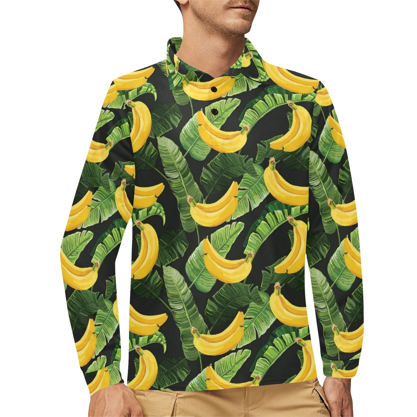 Banana Pattern Print Design BA01 Long Sleeve Polo Shirt For Men's