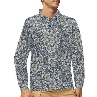 Elegant Floral Print Pattern Long Sleeve Polo Shirt For Men's