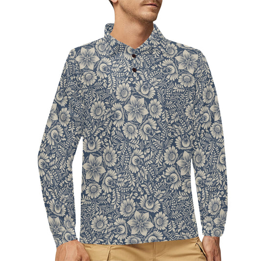 Elegant Floral Print Pattern Long Sleeve Polo Shirt For Men's