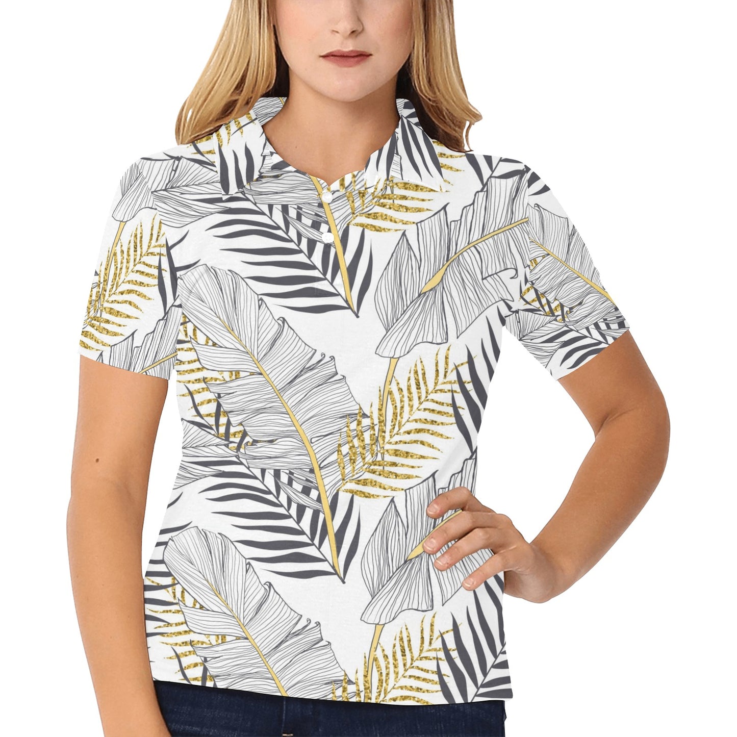 Gold Glitter Tropical Palm Leaves Women's Polo Shirt