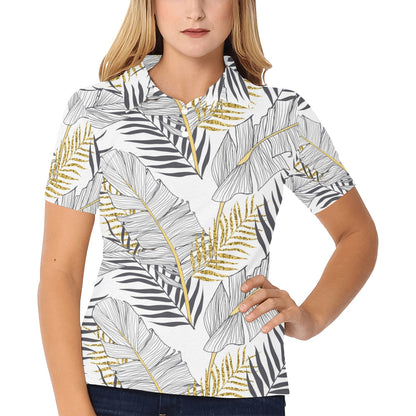 Gold Glitter Tropical Palm Leaves Women's Polo Shirt