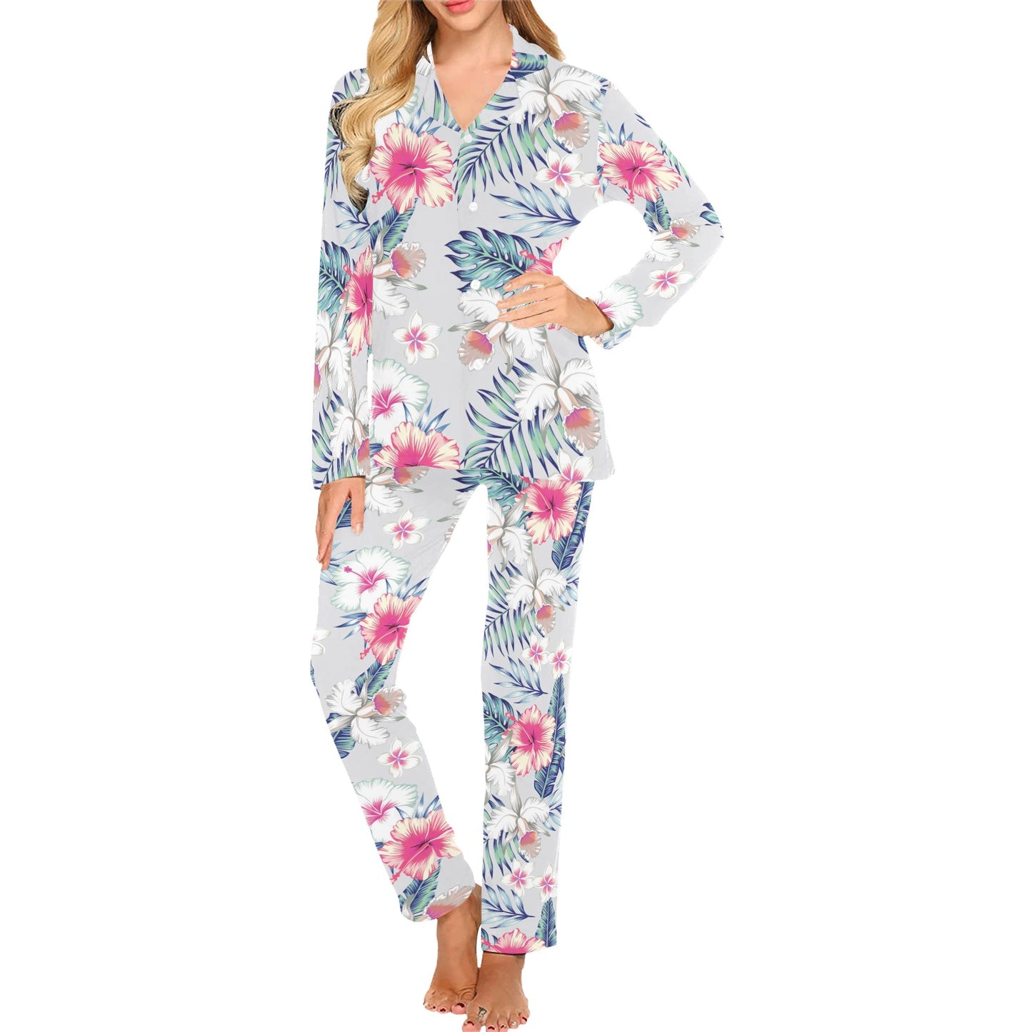 Hibiscus Print Women's Long Pajama Set