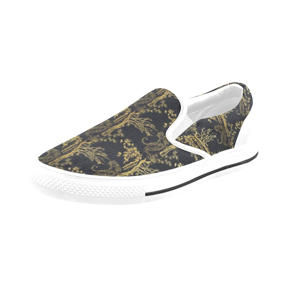 Tiger Gold Print Design LKS307 White Slip Ons Canvas Women's Shoes