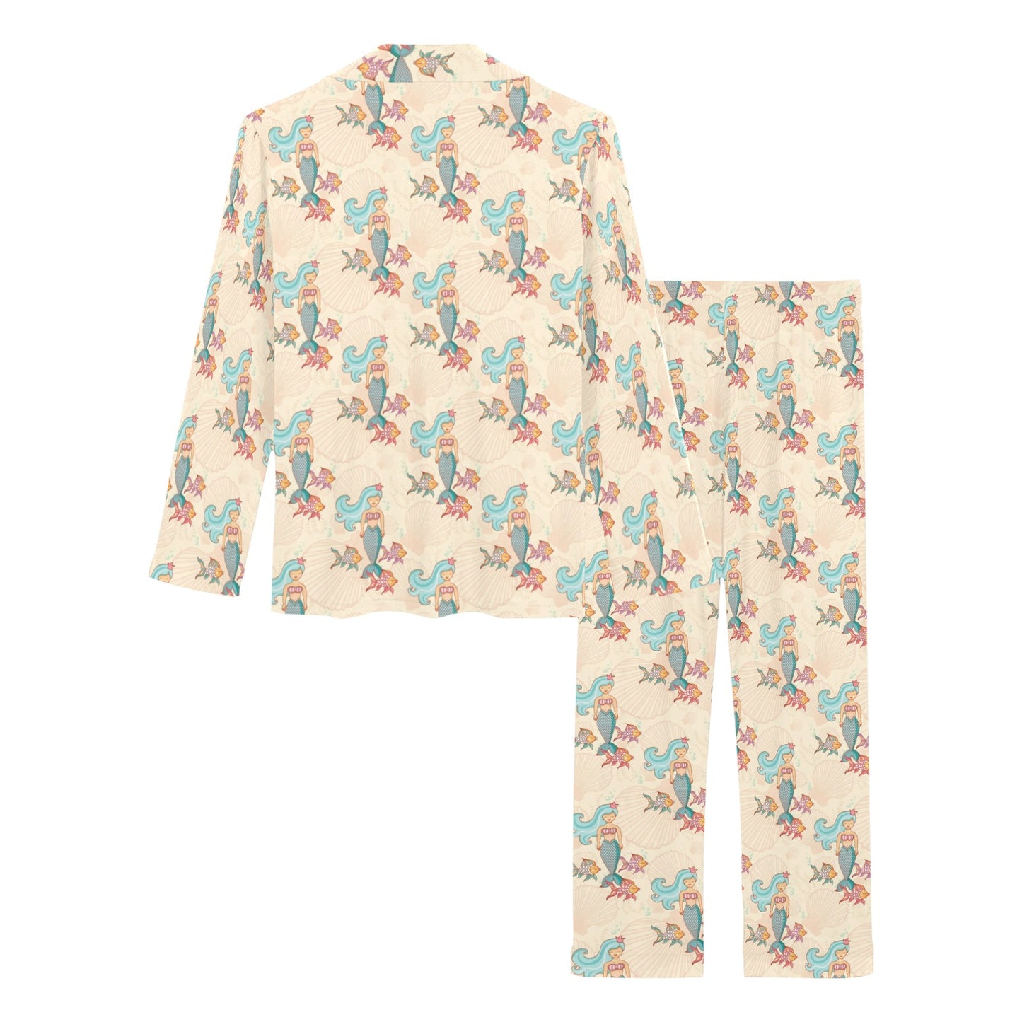 Mermaid Girl With Fish Design Print Women's Long Pajama Set