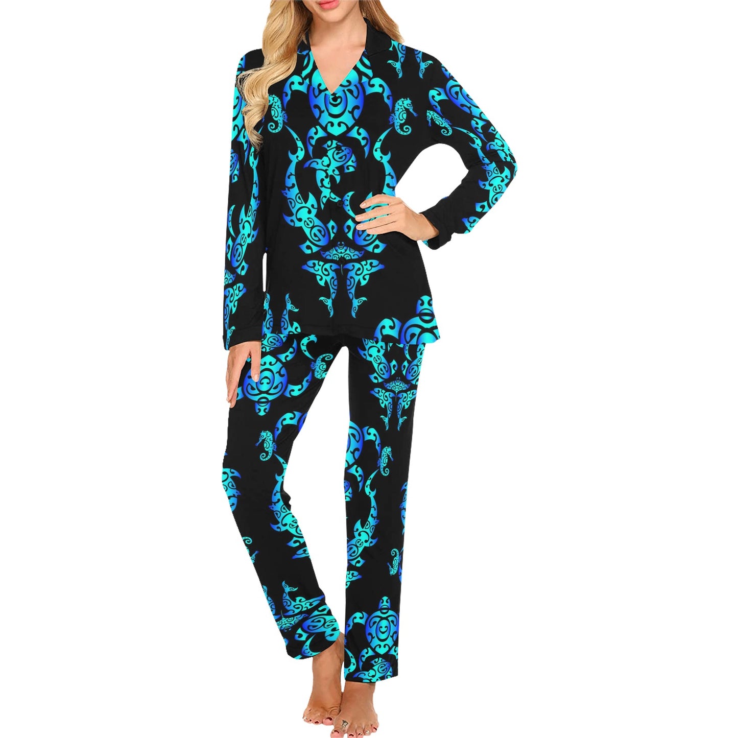 Sea turtle Polynesian Tribal Hawaiian Women's Long Pajama Set