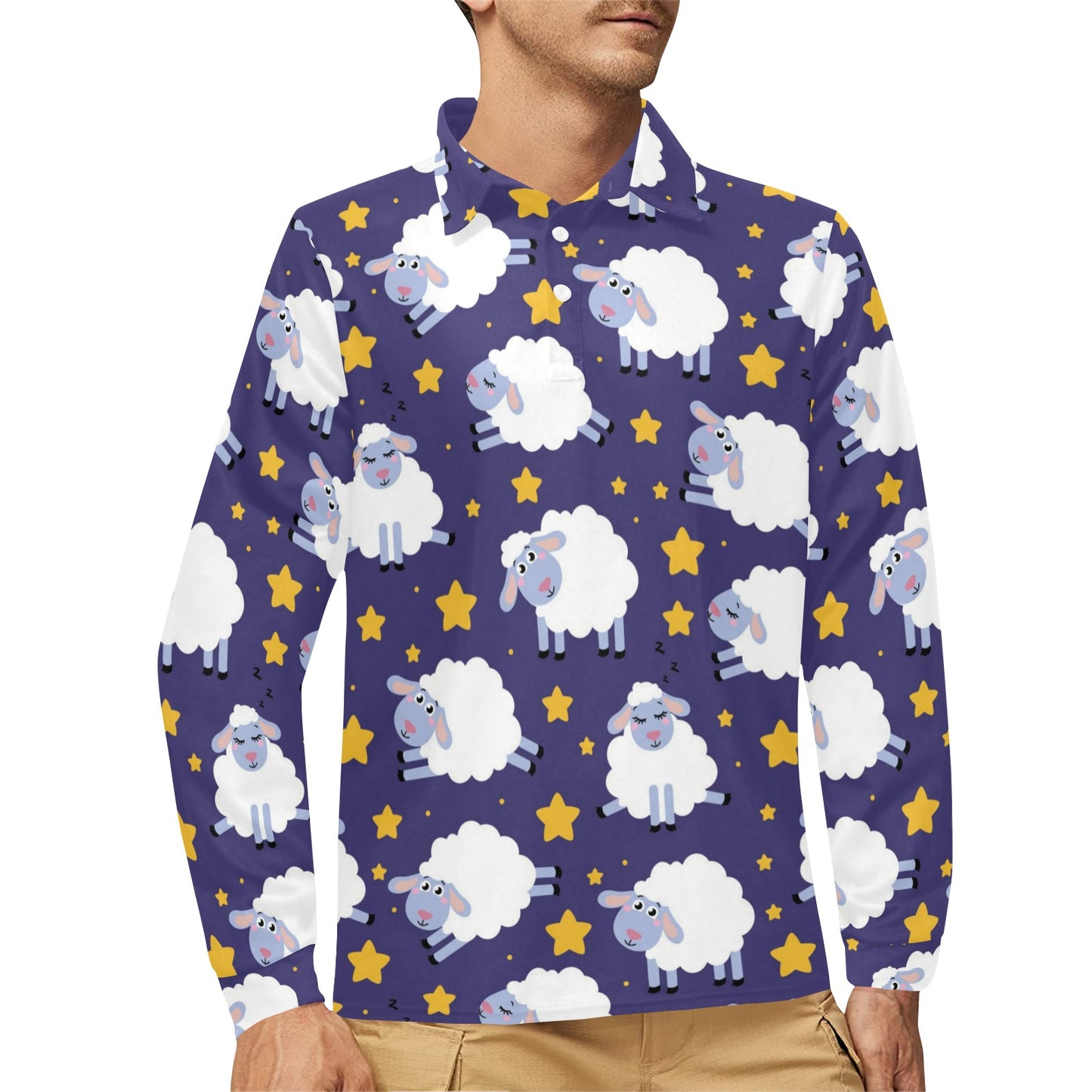 Sheep Pattern Print Design 03 Long Sleeve Polo Shirt For Men's