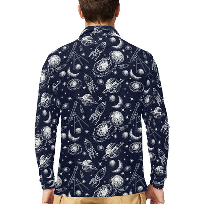 Space Rocket Print Design LKS301 Long Sleeve Polo Shirt For Men's