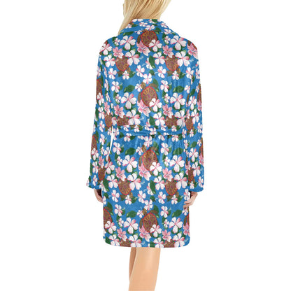 Sea Turtle Pink Hibiscus Hawaiian Print Women's Fleece Robe
