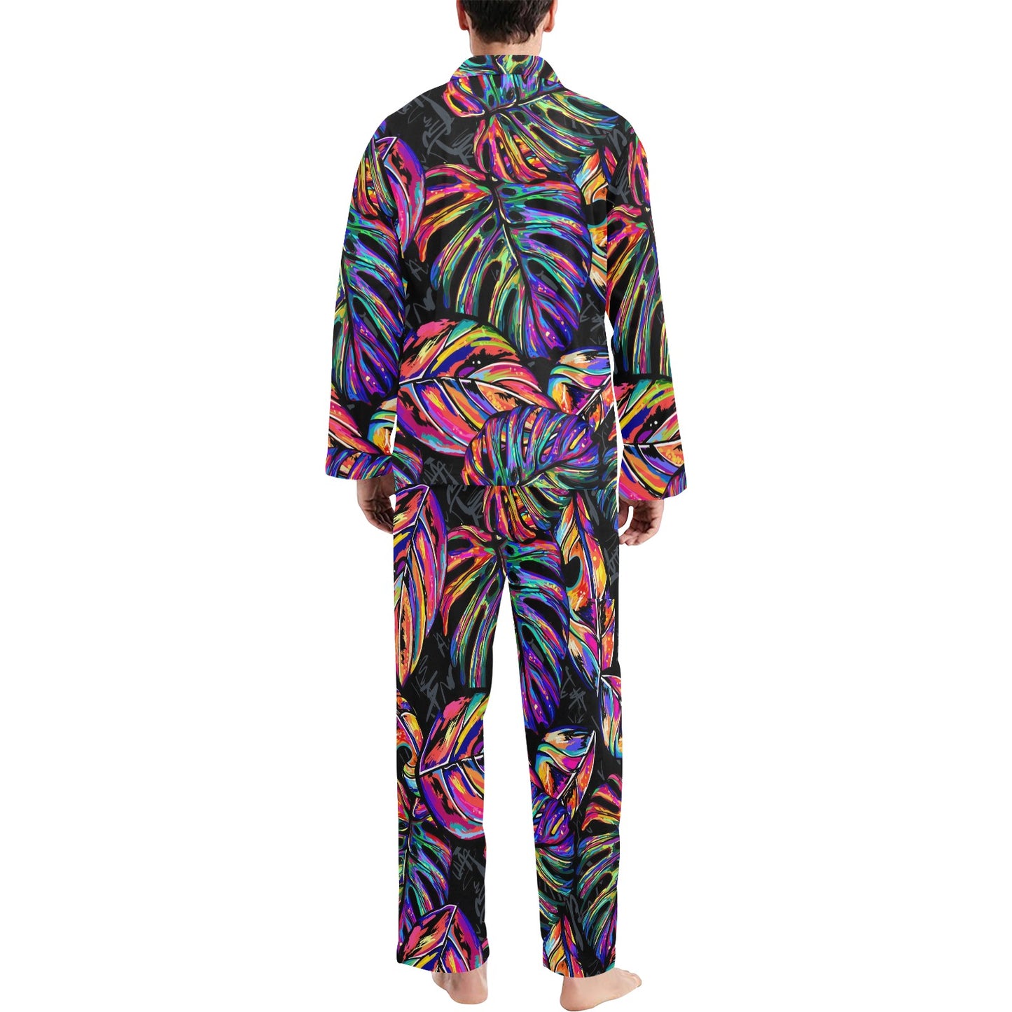 Neon Color Tropical Palm Leaves Men's Long Pajama Set