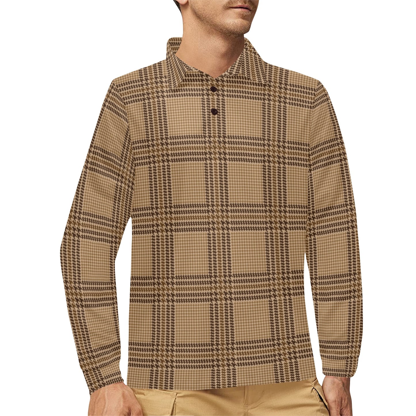 Houndstooth Brown Pattern Print Design 04 Long Sleeve Polo Shirt For Men's