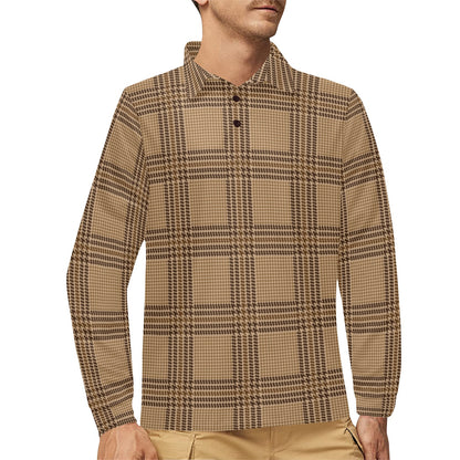 Houndstooth Brown Pattern Print Design 04 Long Sleeve Polo Shirt For Men's