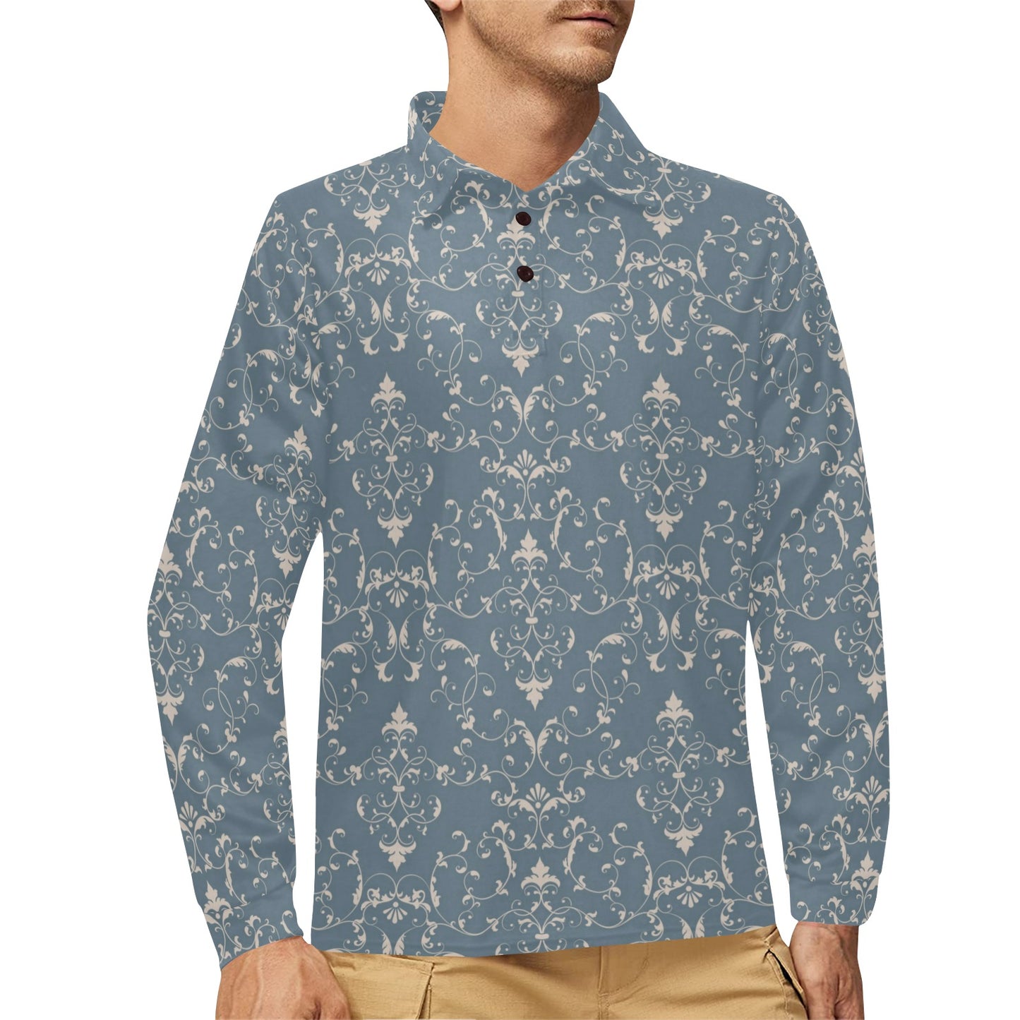 Damask Elegant Teal Print Pattern Long Sleeve Polo Shirt For Men's