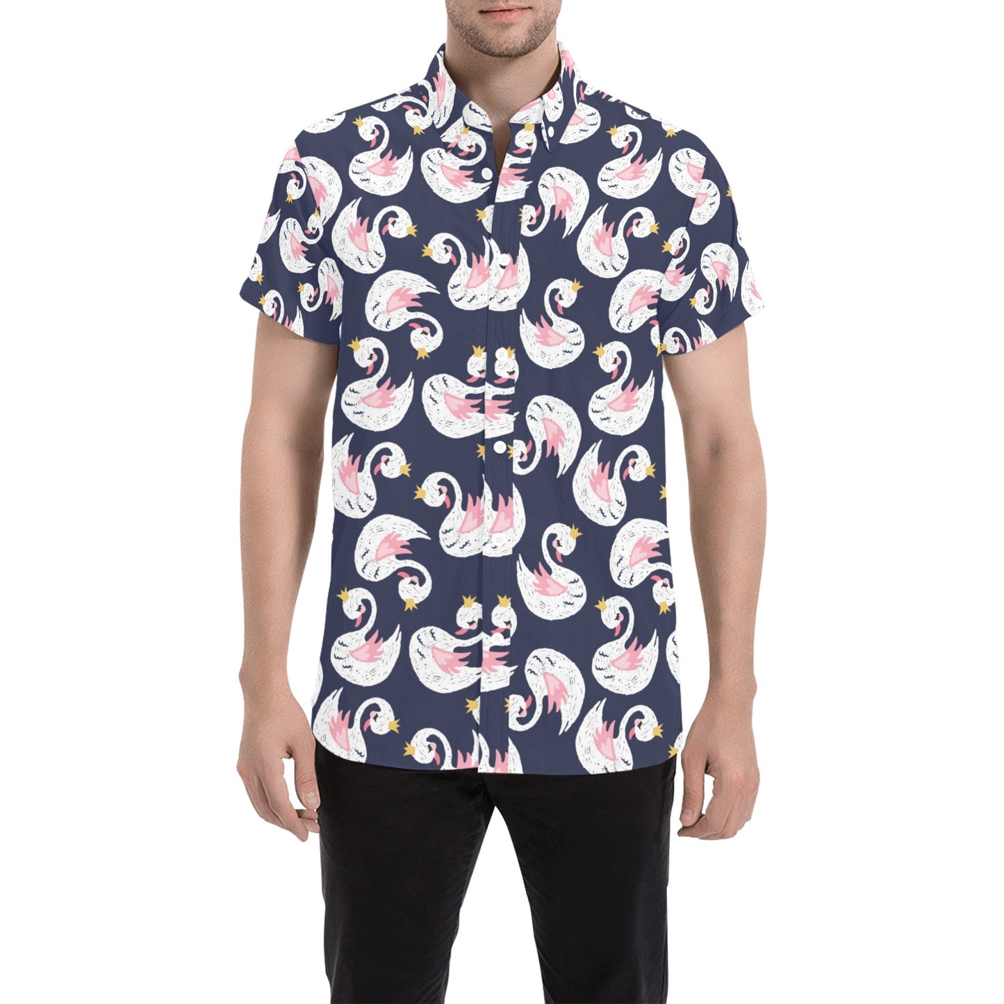 Swan Print Design LKS403 Men Short Sleeve Button Up Shirt