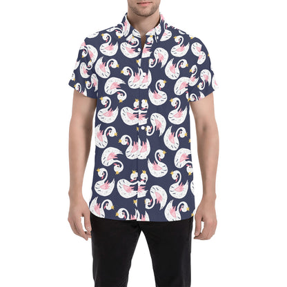 Swan Print Design LKS403 Men Short Sleeve Button Up Shirt