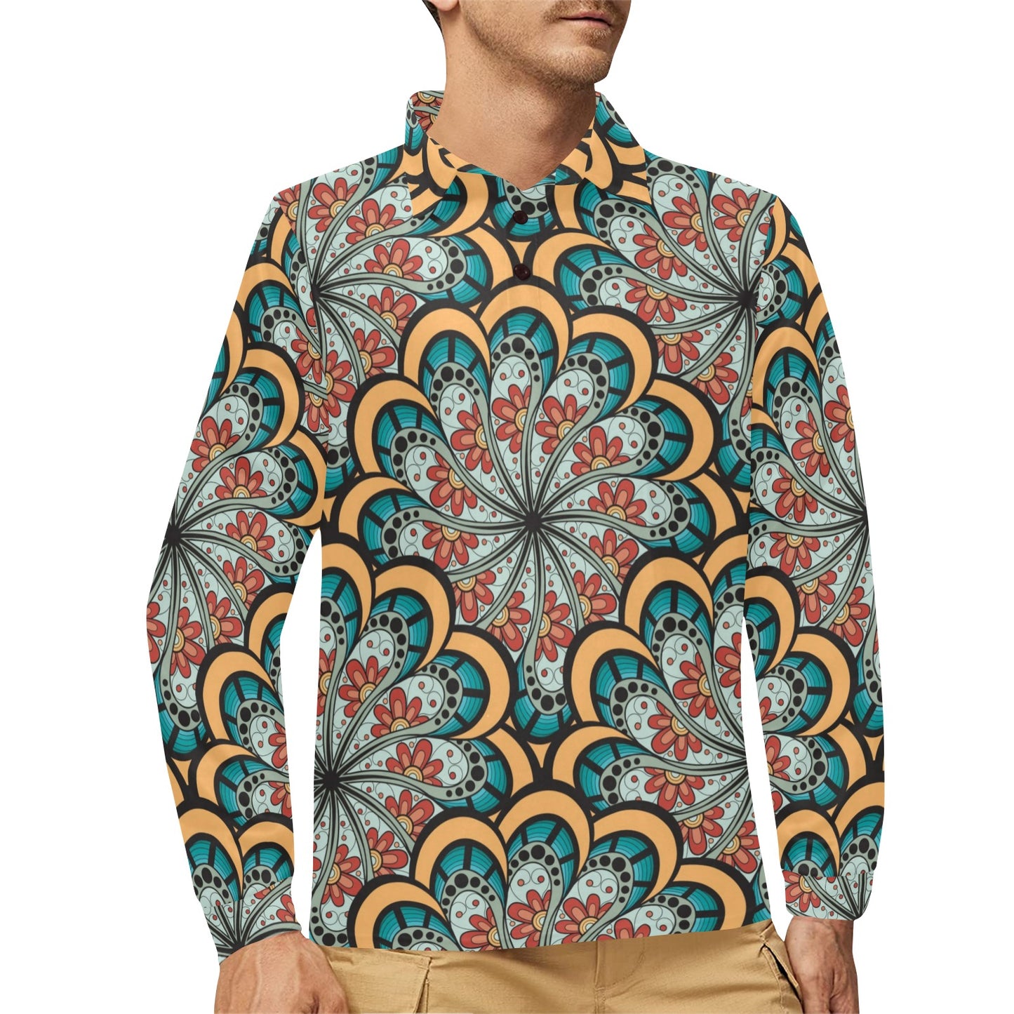 Mandala Pattern Print Design 01 Long Sleeve Polo Shirt For Men's