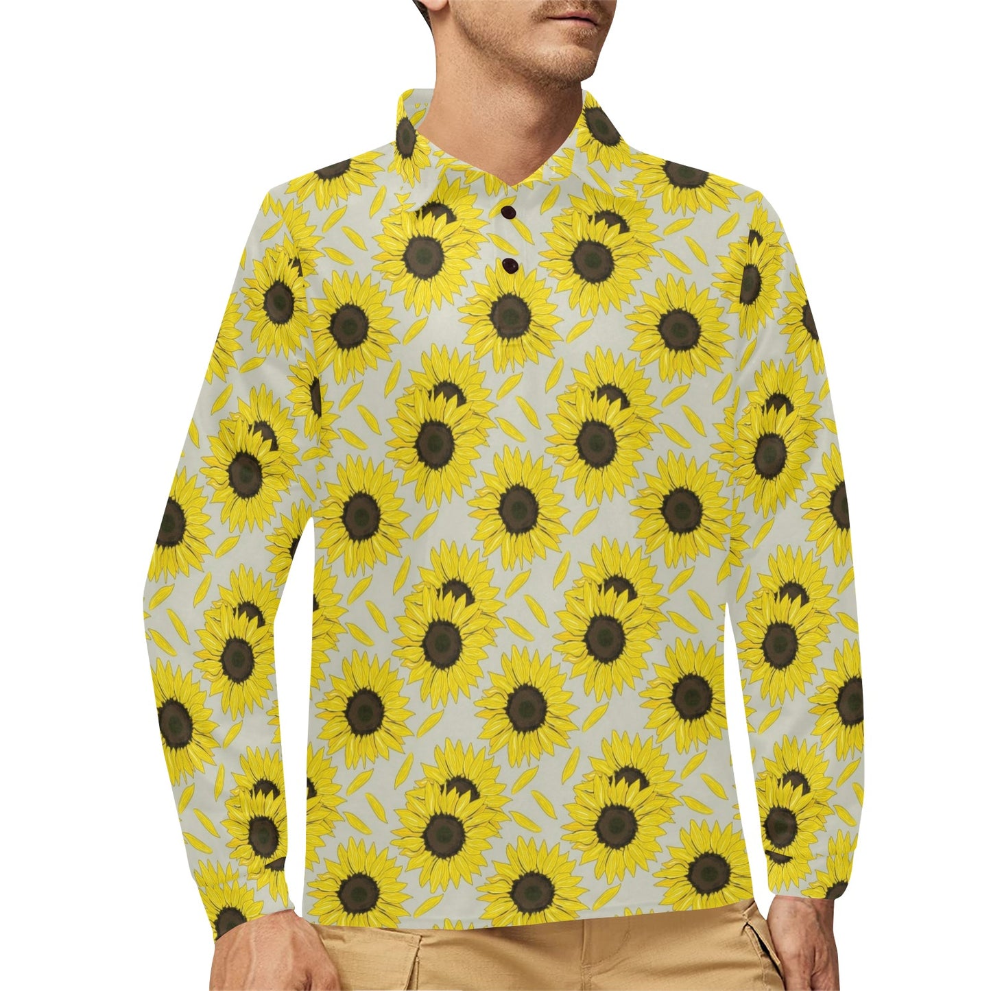 Sunflower Print Design LKS309 Long Sleeve Polo Shirt For Men's