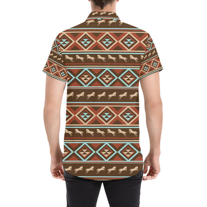 Western Horse Pattern Print LKS301 Men Short Sleeve Button Up Shirt
