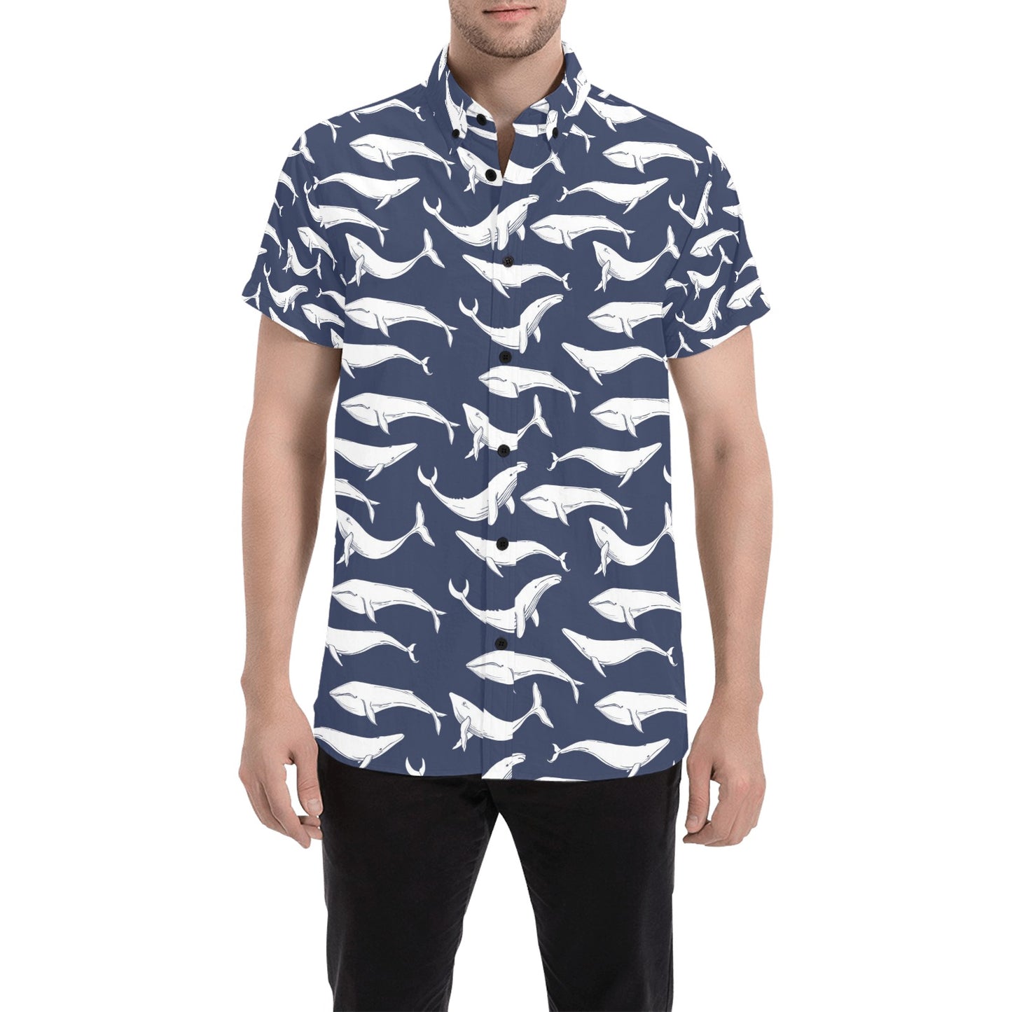 Whale Print Design LKS308 Men Short Sleeve Button Up Shirt