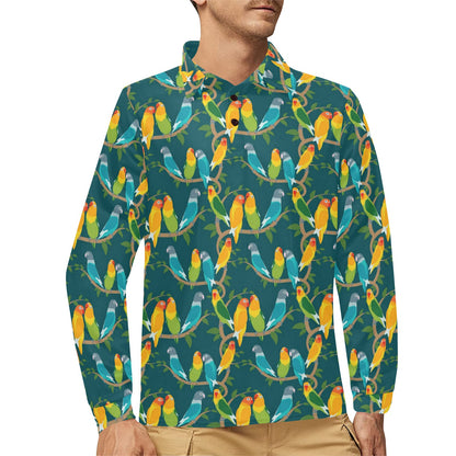 Lovebird Pattern Print Design 02 Long Sleeve Polo Shirt For Men's