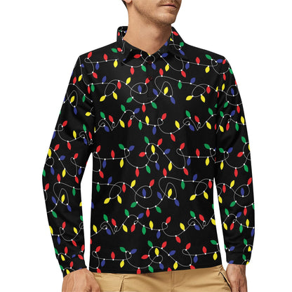 Christmas Light Pattern Print Design 04 Long Sleeve Polo Shirt For Men's
