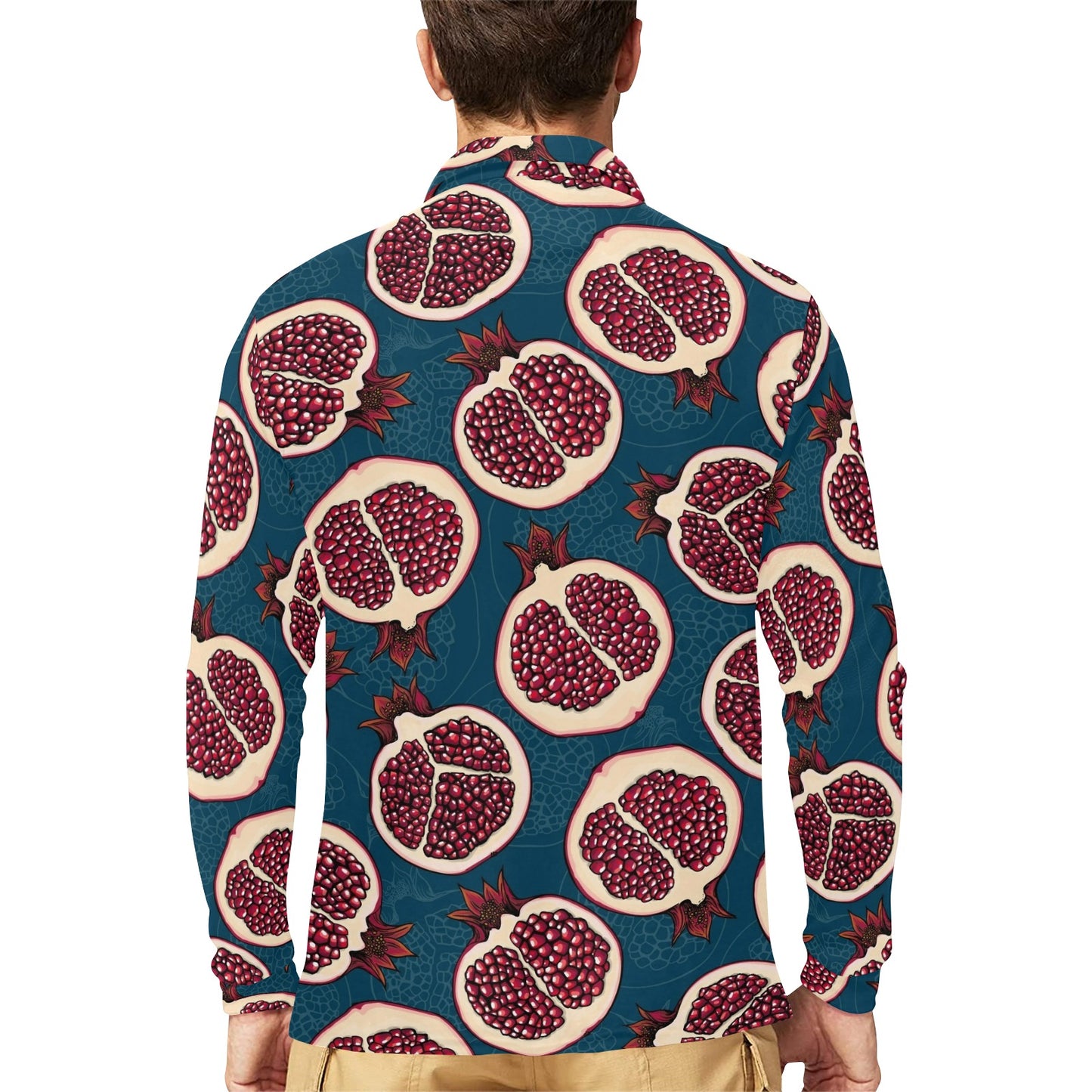Pomegranate Pattern Print Design PG02 Long Sleeve Polo Shirt For Men's