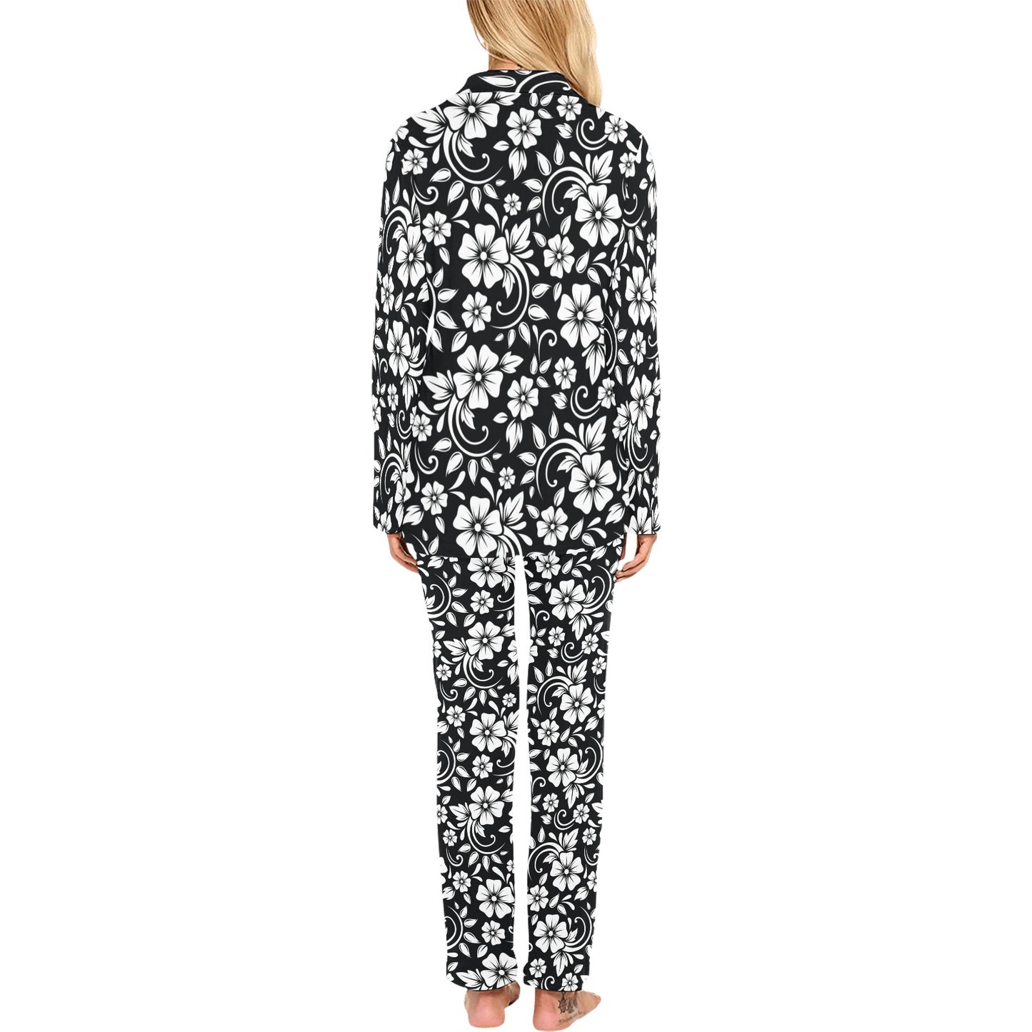 Floral Black White Themed Print Women's Long Pajama Set