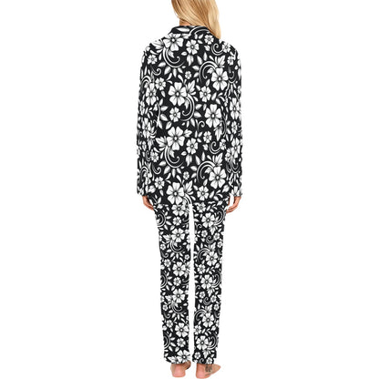 Floral Black White Themed Print Women's Long Pajama Set