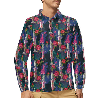 Barracuda with Folwer Pattern Print Design 01 Long Sleeve Polo Shirt For Men's