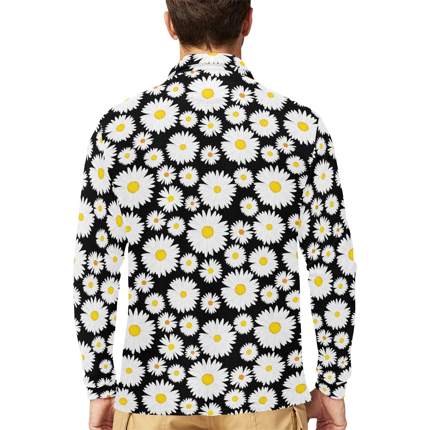 Daisy Pattern Print Design 01 Long Sleeve Polo Shirt For Men's