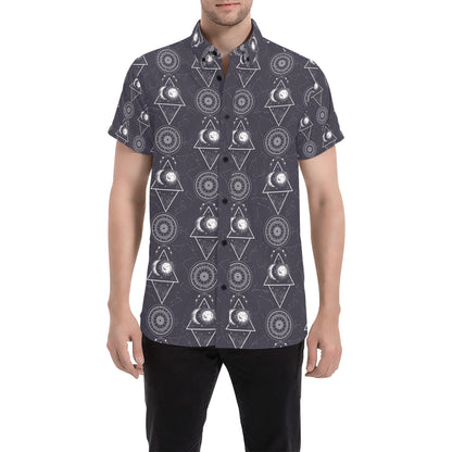 Sun Moon Print Design LKS309 Men Short Sleeve Button Up Shirt
