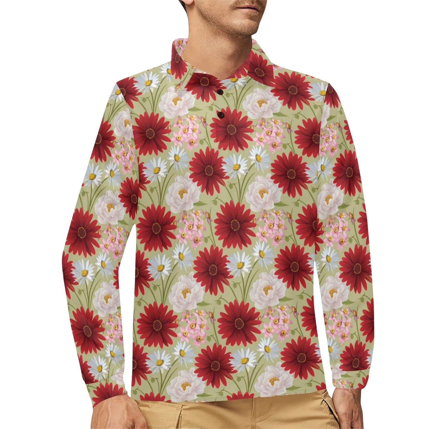 Gerberas Pattern Print Design GB07 Long Sleeve Polo Shirt For Men's