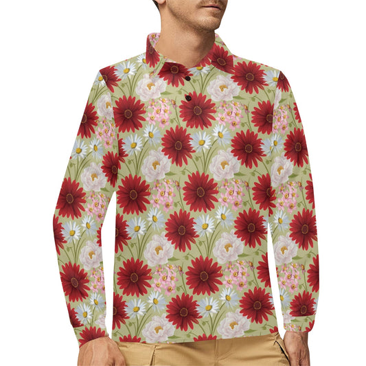Gerberas Pattern Print Design GB07 Long Sleeve Polo Shirt For Men's
