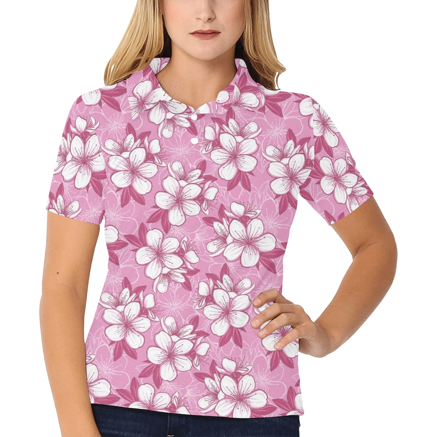 Cherry Blossom Pattern Print Design CB02 Women's Polo Shirt