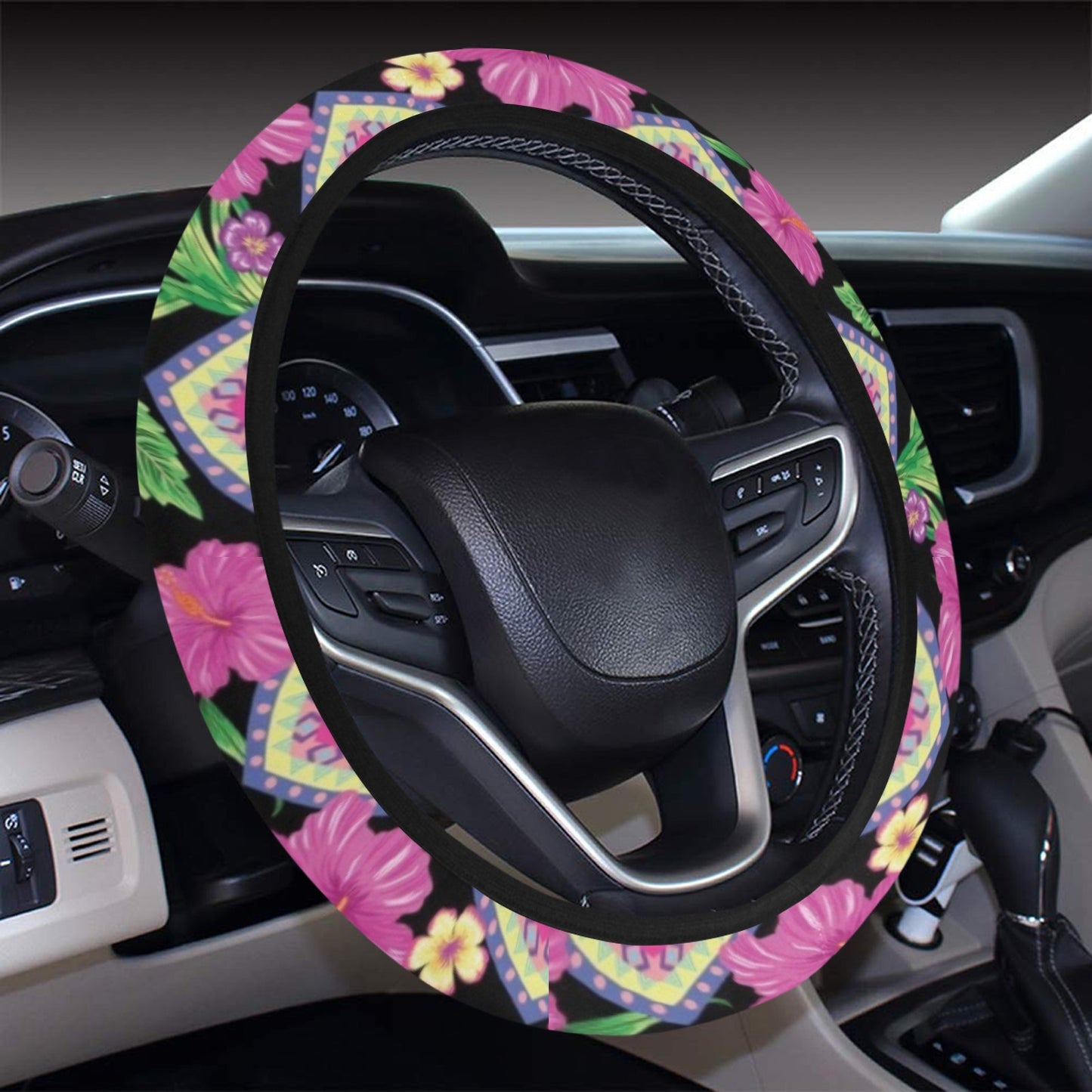 Hibiscus Pink Zigzag Line Pattern Design LKS307 Steering Wheel Cover with Elastic Edge