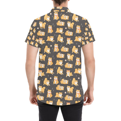 Shiba Inu Print Design LKS309 Men Short Sleeve Button Up Shirt