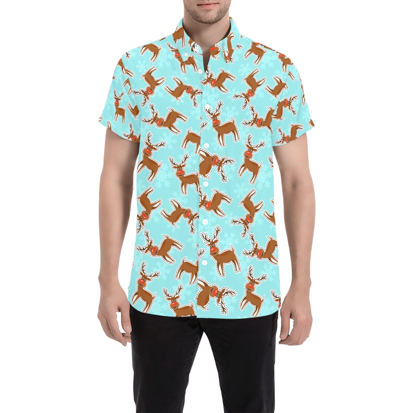 Reindeer Print Design LKS403 Men Short Sleeve Button Up Shirt