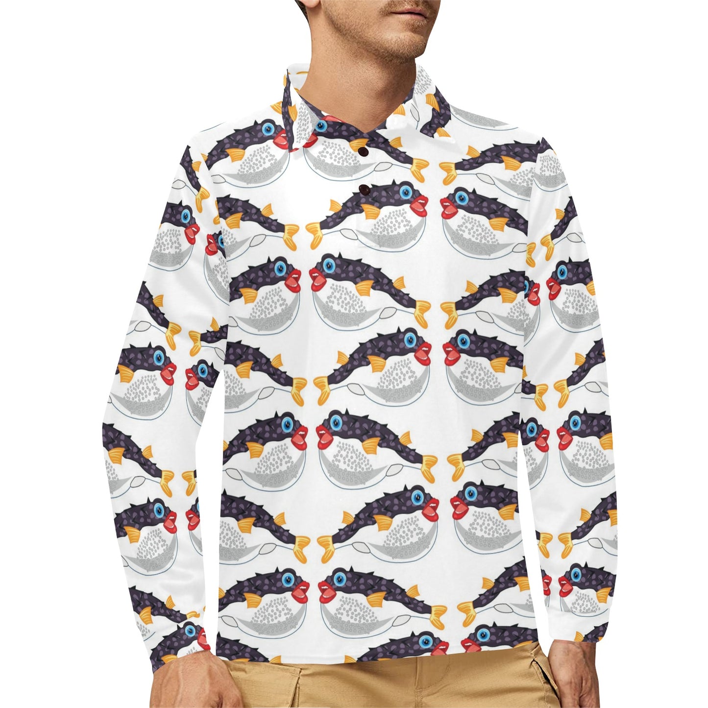 Fugu Pattern Print Design 03 Long Sleeve Polo Shirt For Men's