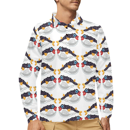 Fugu Pattern Print Design 03 Long Sleeve Polo Shirt For Men's