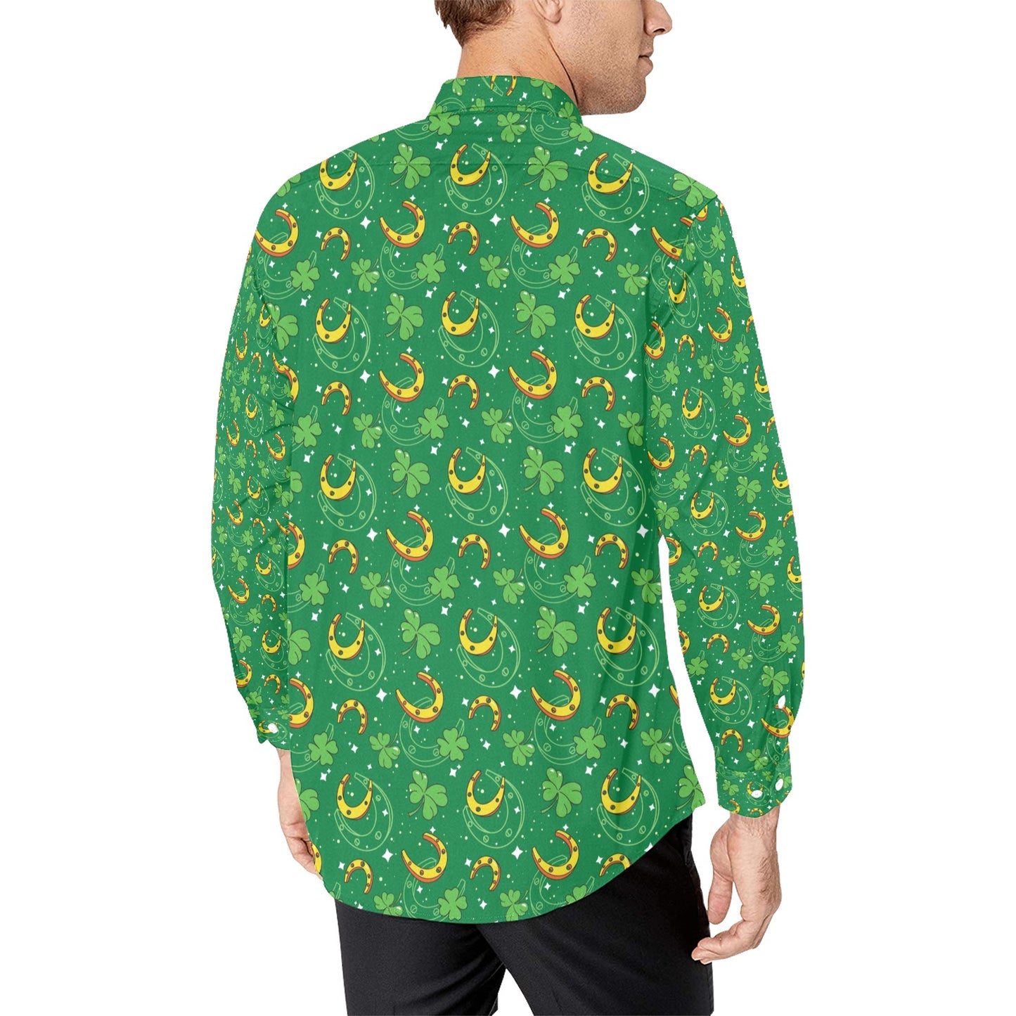 Shamrock With Horse Shoes Print Design LKS305 Men's Long Sleeve Dress Shirt