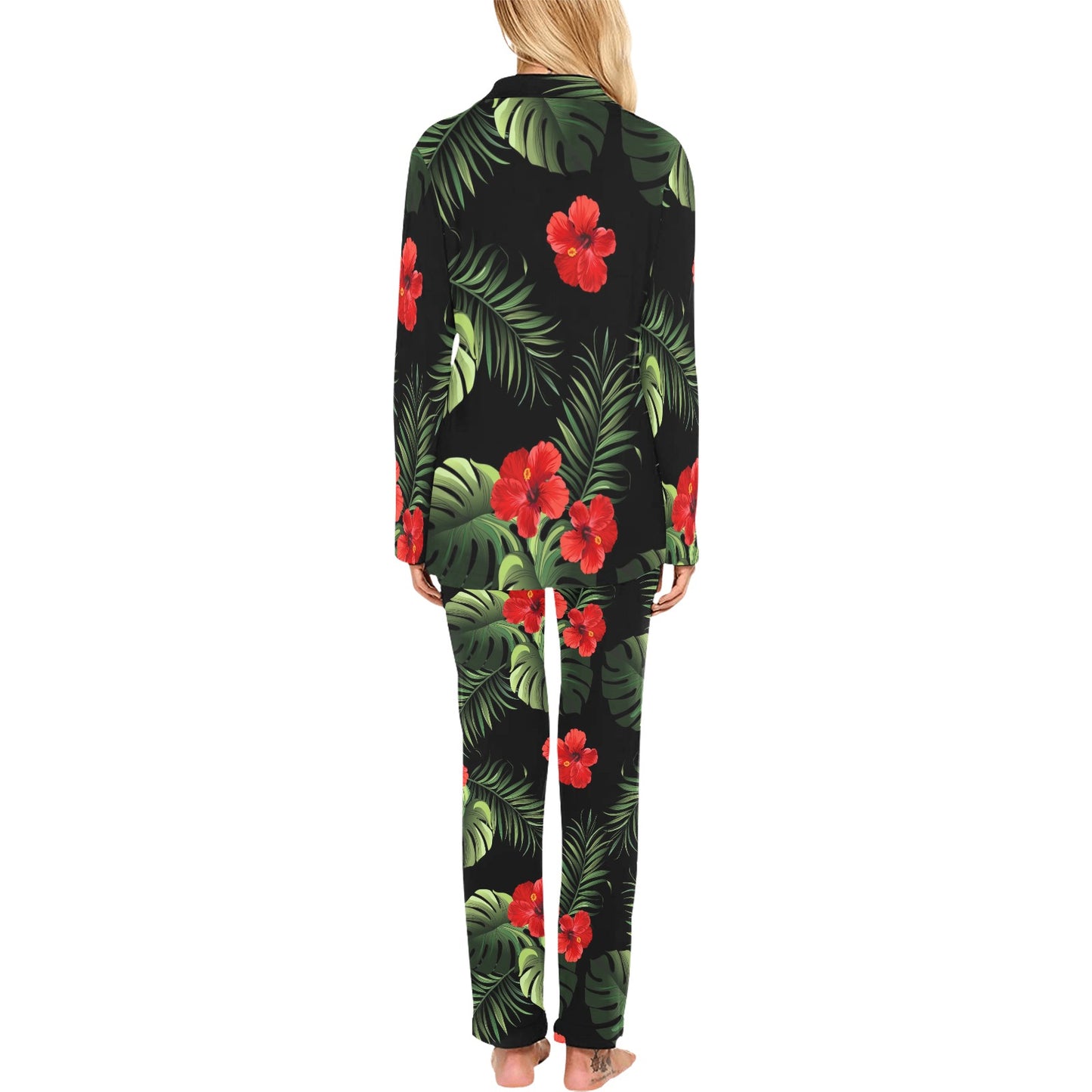 Red Hibiscus Tropical Women's Long Pajama Set