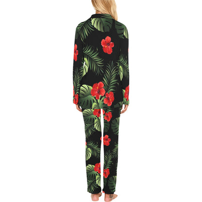 Red Hibiscus Tropical Women's Long Pajama Set