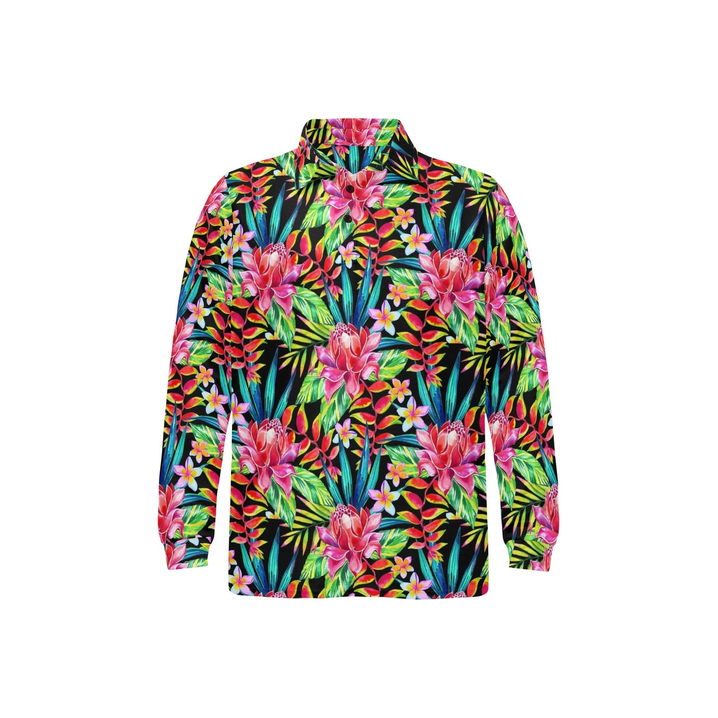 Heliconia Pattern Print Design HL02 Long Sleeve Polo Shirt For Men's