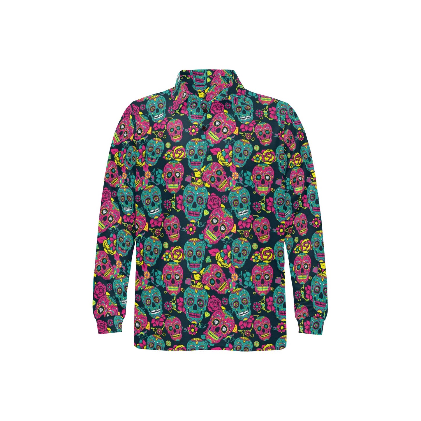 Sugar Skull Floral Design Themed Print Long Sleeve Polo Shirt For Men's