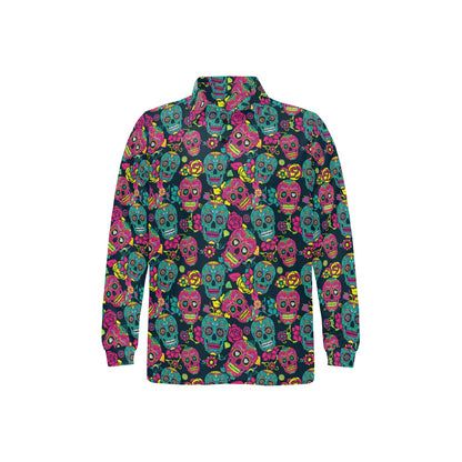 Sugar Skull Floral Design Themed Print Long Sleeve Polo Shirt For Men's