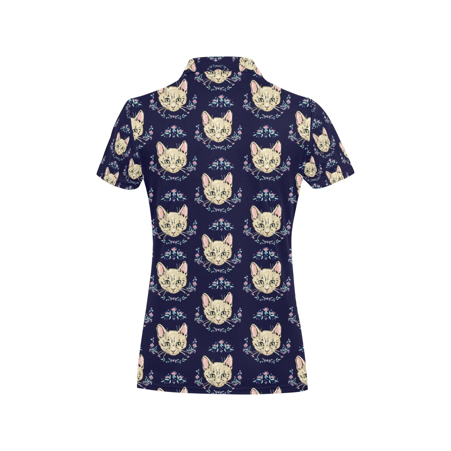 Cat Head with flower Print Pattern Women's Polo Shirt