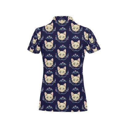 Cat Head with flower Print Pattern Women's Polo Shirt