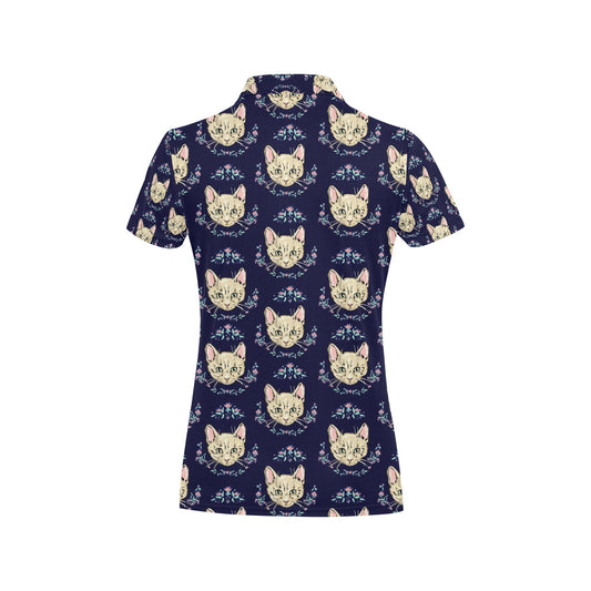 Cat Head with flower Print Pattern Women's Polo Shirt