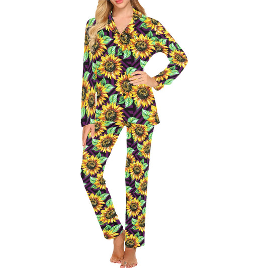 Sunflower Pattern Print Design SF012 Women's Long Pajama Set